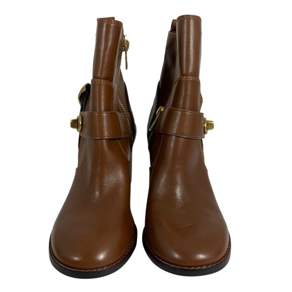 COACH 1941 Women Brown Leather Moto Booties Turnlock Buckles Stacked Heels NWOB - Picture 2 of 9